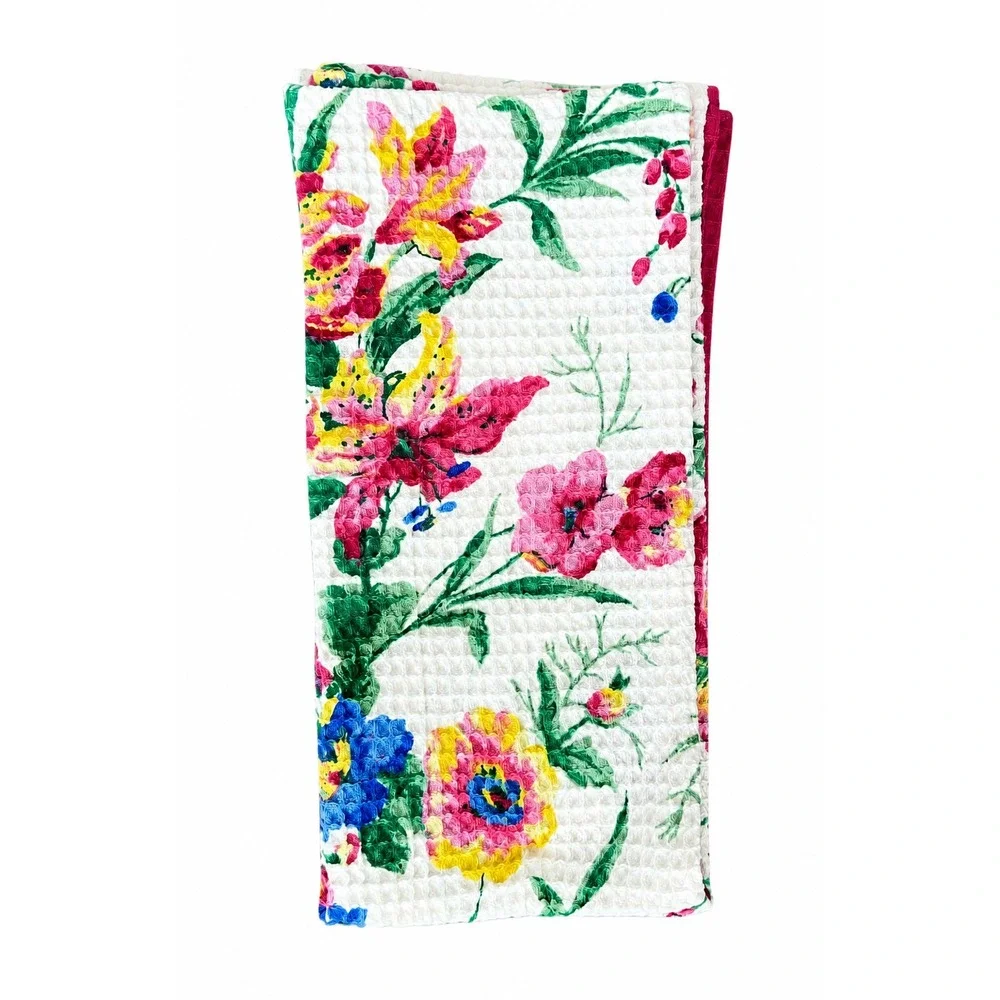 APRIL CORNELL KITCHEN TOWELS (3)  WHITE FLORAL HOT PINK  WAFFLE WEAVE COTTON NWT